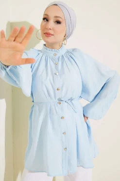 Gathered Neckline Tie Belted Shirt Baby Blue