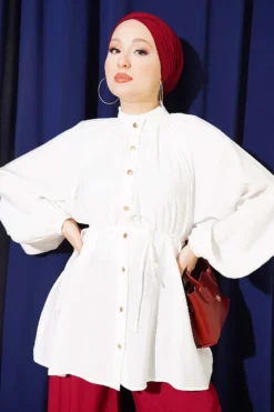 Gathered Neckline Tie Belted Shirt Ecru