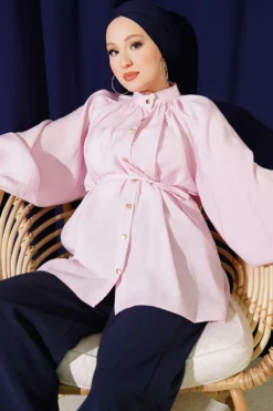 Gathered Neckline Tie Belted Shirt Pink