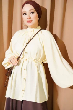 Gathered Neckline Tie Belted Shirt Yellow