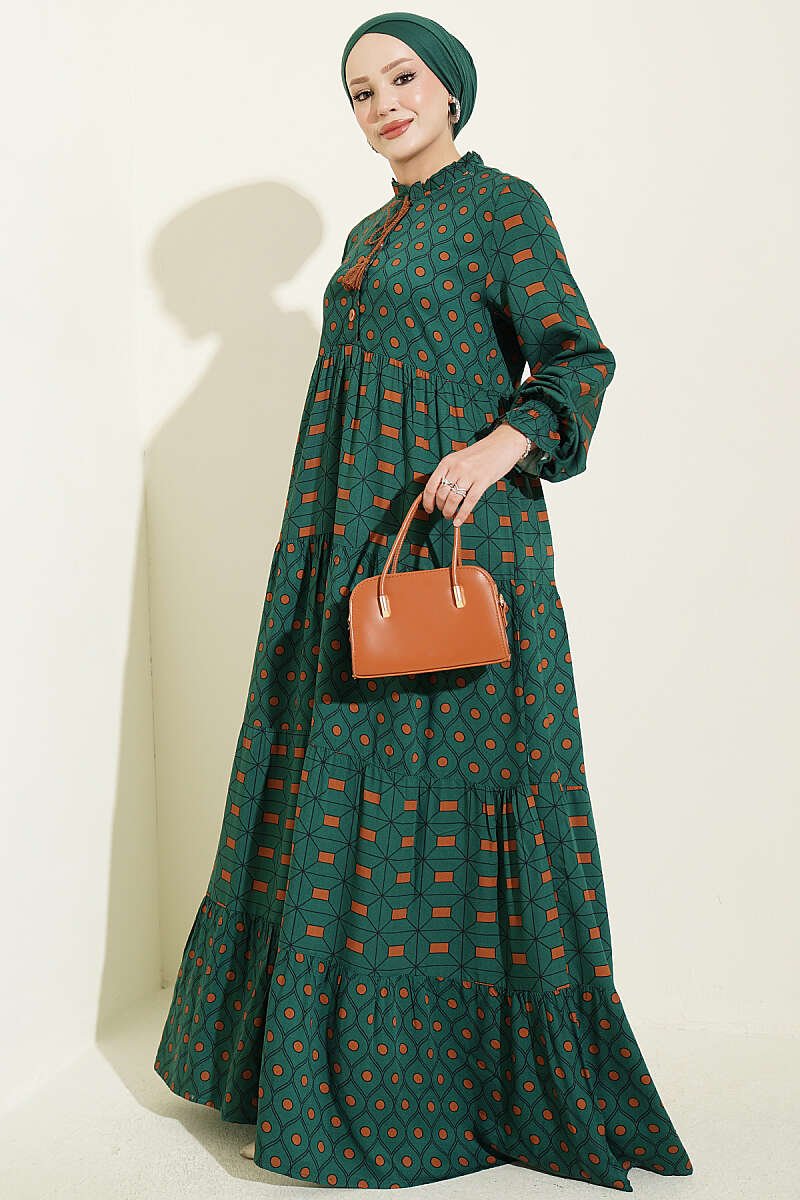 Button-Up Dress with Neck Tie Emerald