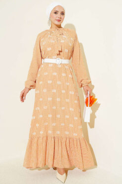 Tie-Neck Balloon Sleeve Gingham Dress Camel
