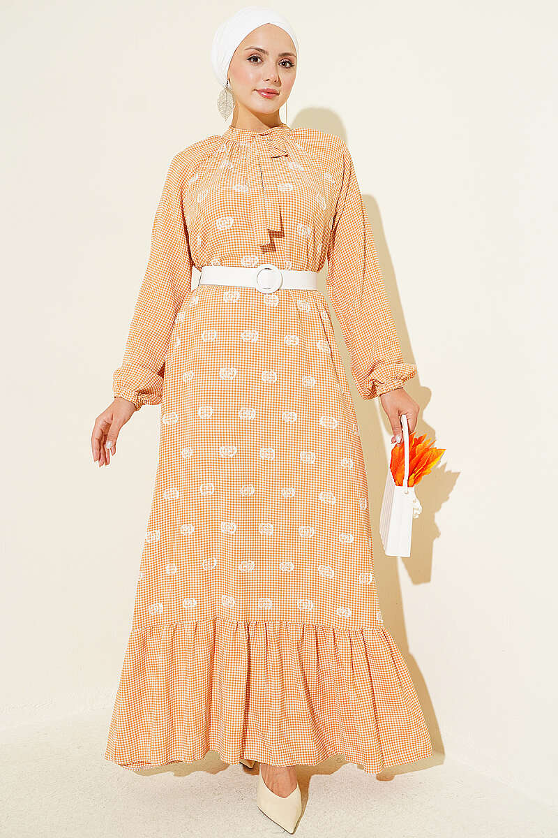 Tie-Neck Balloon Sleeve Gingham Dress Camel