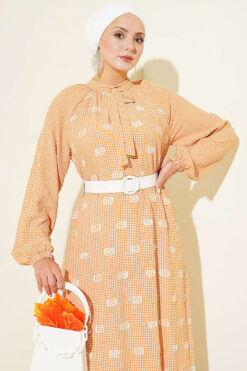 Alternative view of Tie-Neck Balloon Sleeve Gingham Dress Camel