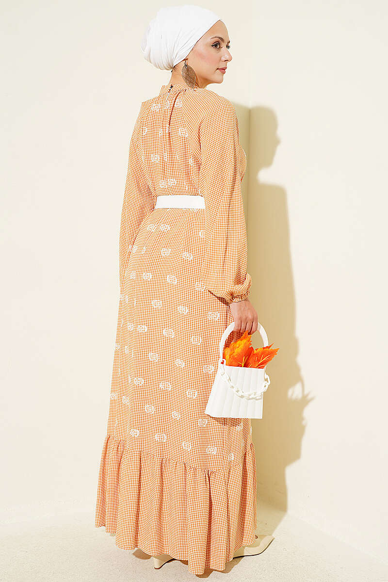 Tie-Neck Balloon Sleeve Gingham Dress Camel - immagine 3