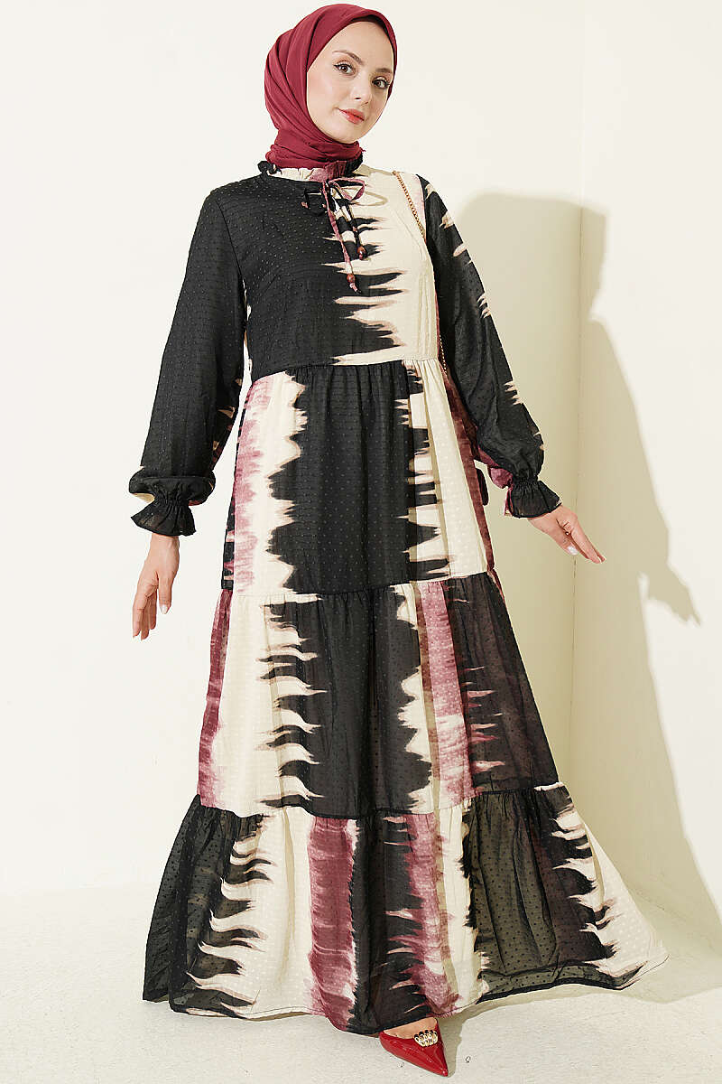 Patterned Dress with Neck Tie Rose Dust