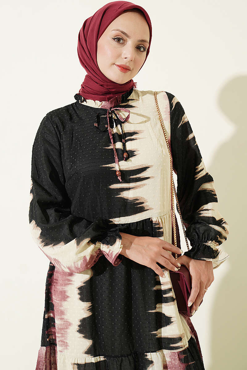Patterned Dress with Neck Tie Rose Dust - Image 2