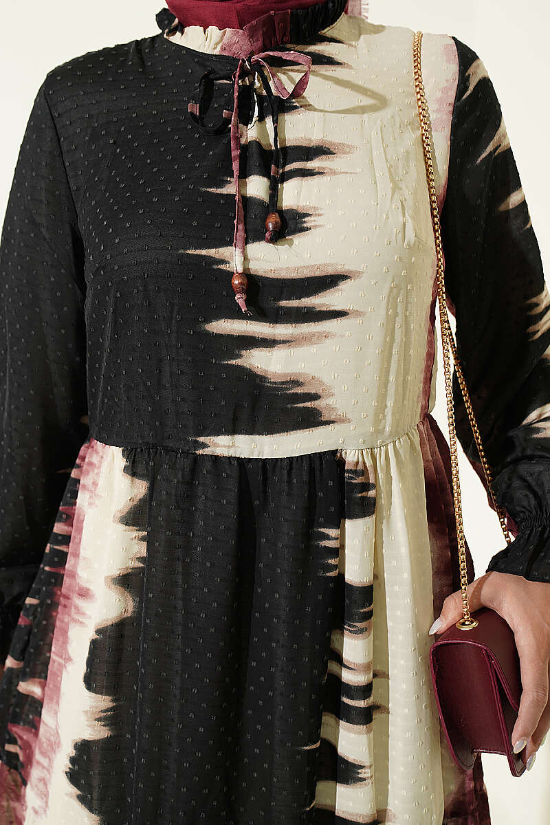 Patterned Dress with Neck Tie Rose Dust - Image 4