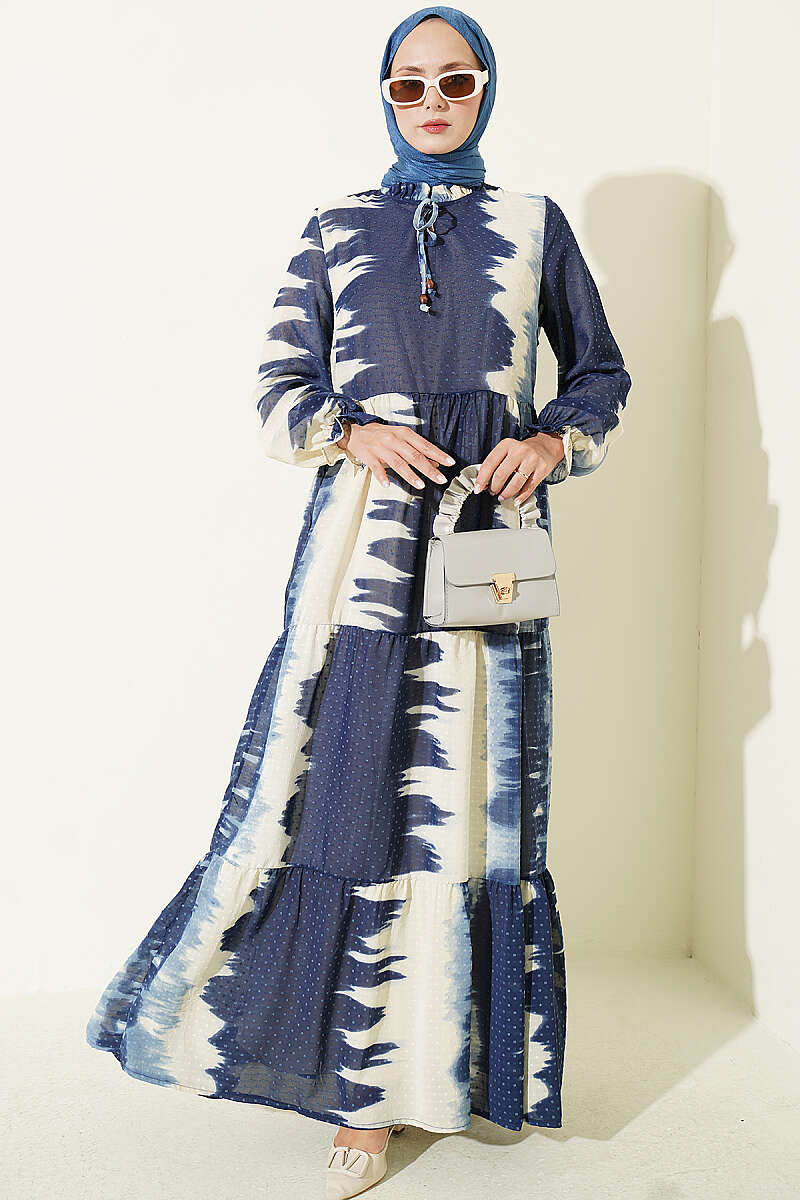 Patterned Dress with Neck Tie Navy Blue