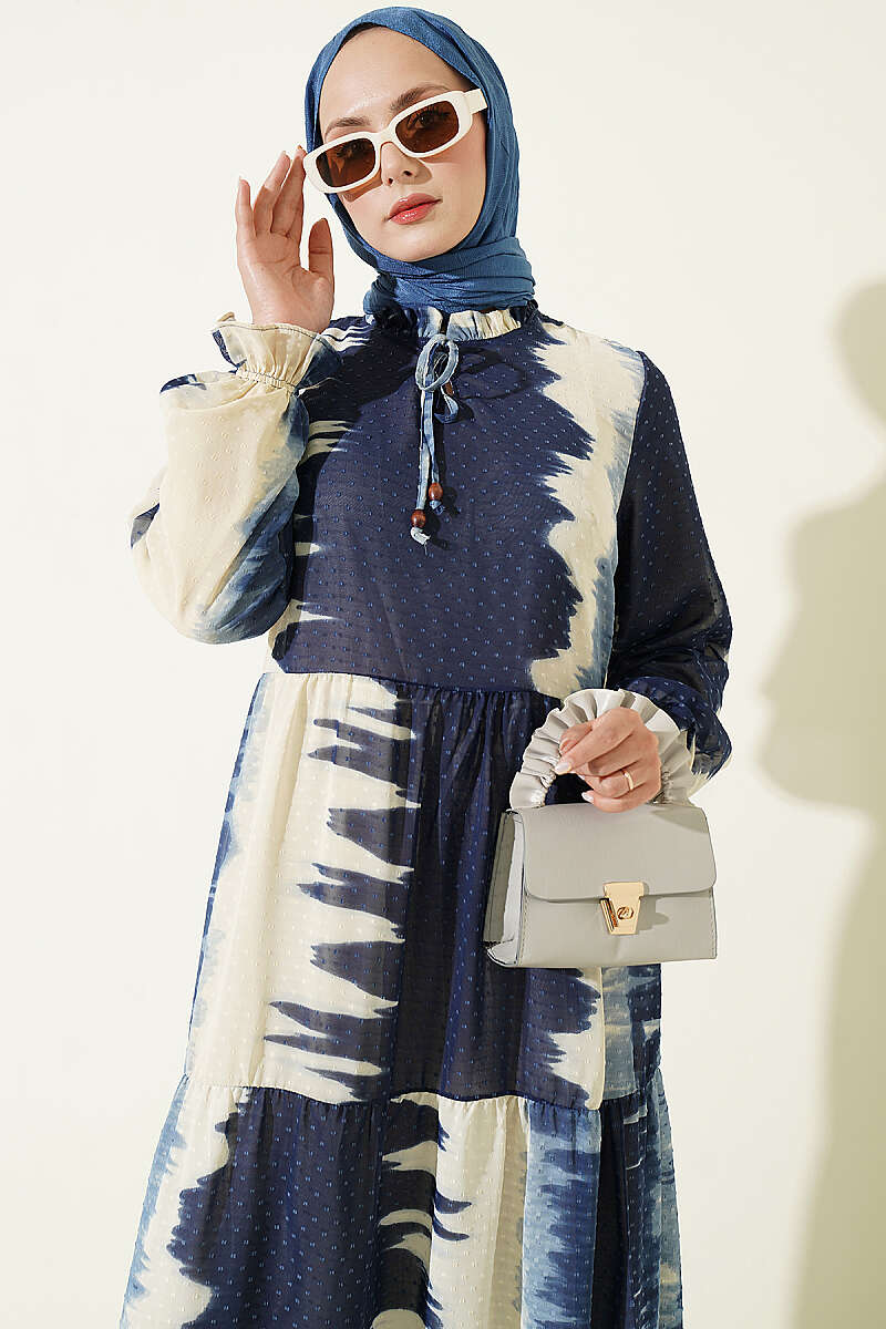 Patterned Dress with Neck Tie Navy Blue - immagine 2