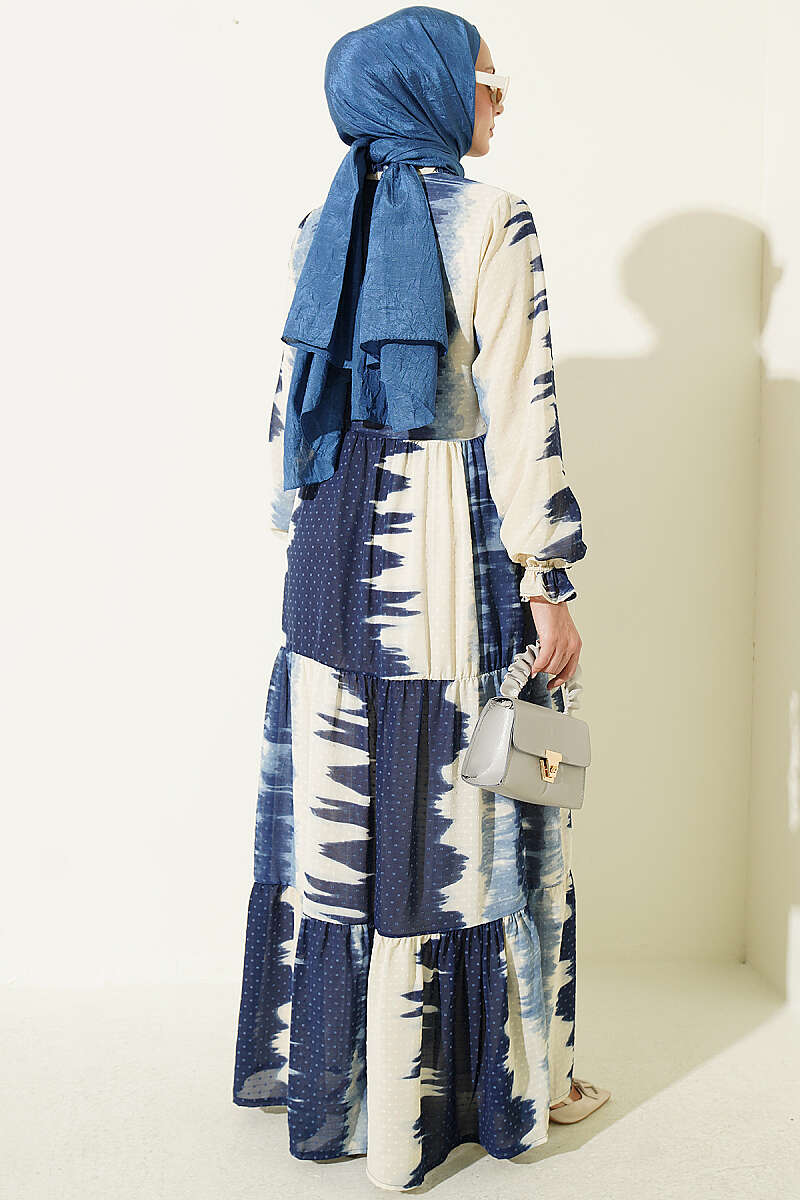 Patterned Dress with Neck Tie Navy Blue - immagine 3