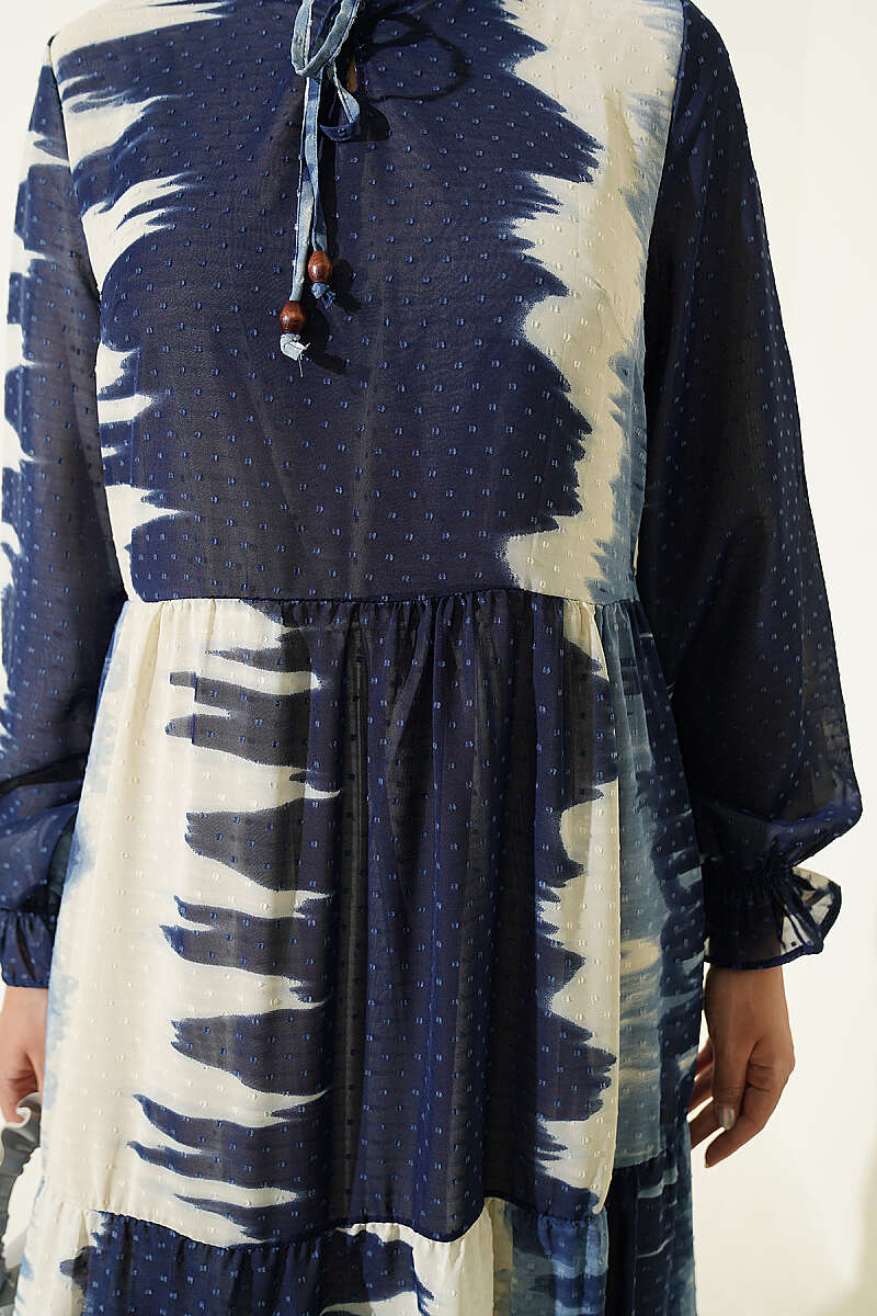 Patterned Dress with Neck Tie Navy Blue - immagine 4