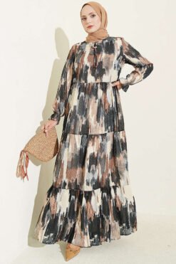 Patterned Dress with Neck Tie Mink