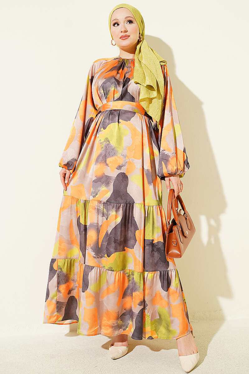 Patterned Dress with Trimmed Neckline Orange