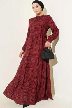 Gathered Neck Checkered Dress Burgundy