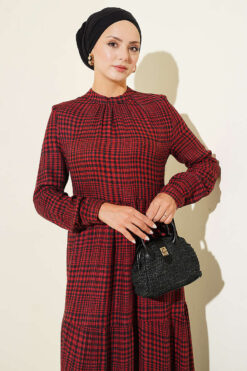 Alternative view of Gathered Neck Checkered Dress Burgundy