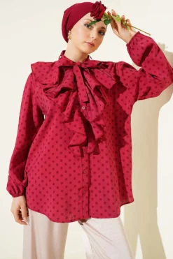 Ruffled Collar Tied Polka Dot Shirt Burgundy