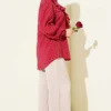 Ruffled Collar Tied Polka Dot Shirt Burgundy - Image 3