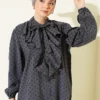 Ruffled Collar Tied Polka Dot Shirt Slate Grey