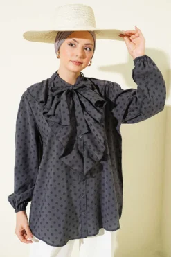 Ruffled Collar Tied Polka Dot Shirt Slate Grey