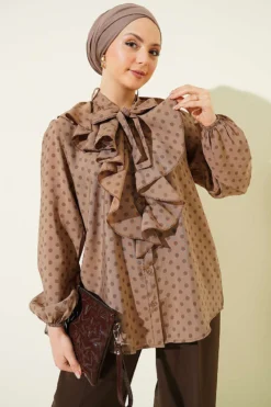 Ruffled Collar Tied Polka Dot Shirt Mink