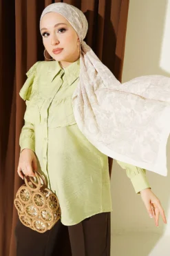 Ruffled Collar Cuffed Button-Up Shirt