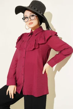 Ruffled Collar Cuffed Button-Up Shirt Burgundy