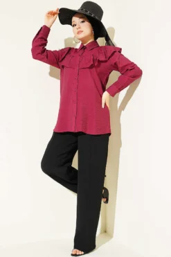 Alternatieve weergave van Ruffled Collar Cuffed Button-Up Shirt Burgundy