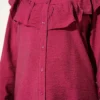 Ruffled Collar Cuffed Button-Up Shirt Burgundy - immagine 4