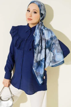 Ruffled Collar Cuffed Button-Up Shirt Navy Blue