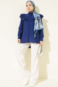 Alternatieve weergave van Ruffled Collar Cuffed Button-Up Shirt Navy Blue