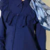 Ruffled Collar Cuffed Button-Up Shirt Navy Blue - Afbeelding 4