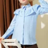 Ruffled Collar Cuffed Button-Up Shirt Blue