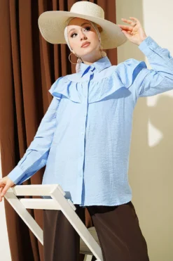 Ruffled Collar Cuffed Button-Up Shirt Blue