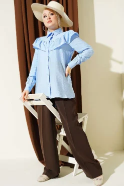 Alternatieve weergave van Ruffled Collar Cuffed Button-Up Shirt Blue