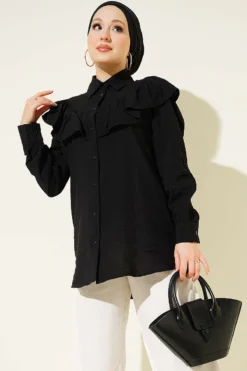 Ruffled Collar Cuffed Button-Up Shirt Black