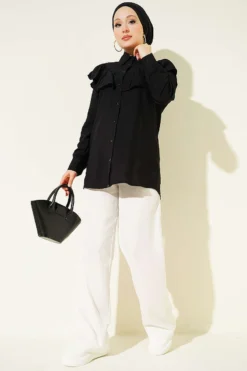 Alternatieve weergave van Ruffled Collar Cuffed Button-Up Shirt Black