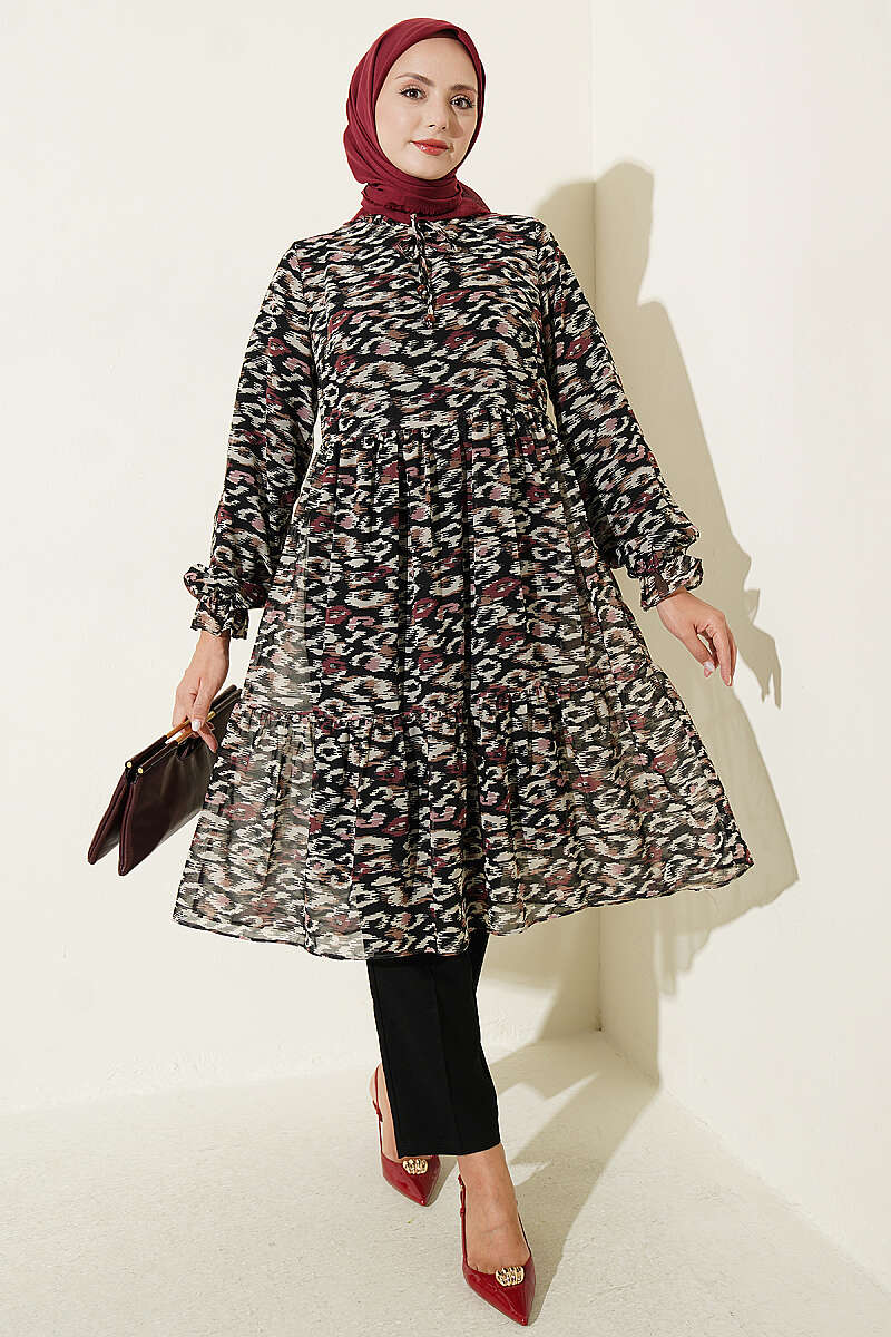 Ruffled Collar Detail Chiffon Tunic Burgundy