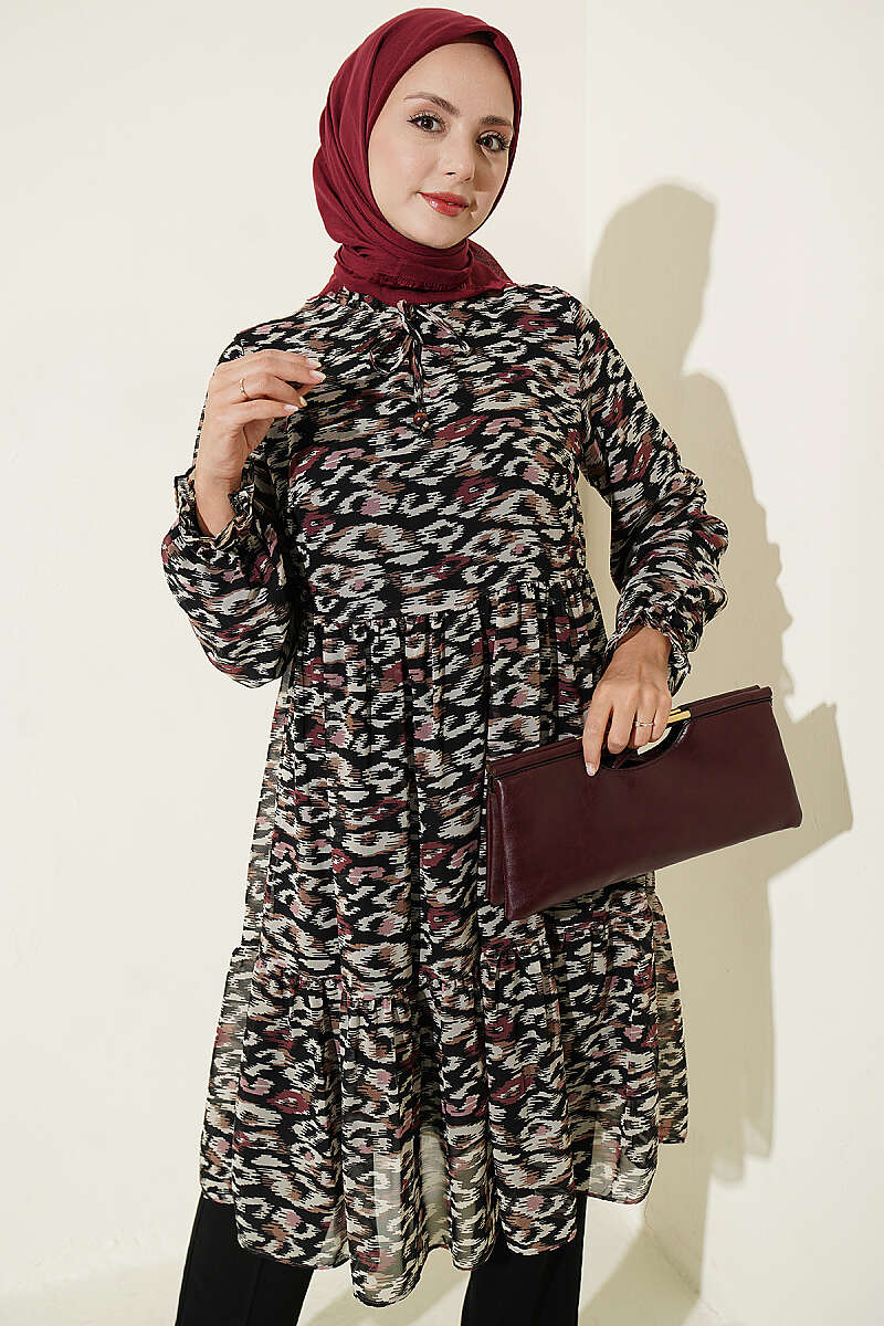 Ruffled Collar Detail Chiffon Tunic Burgundy - الصورة 2