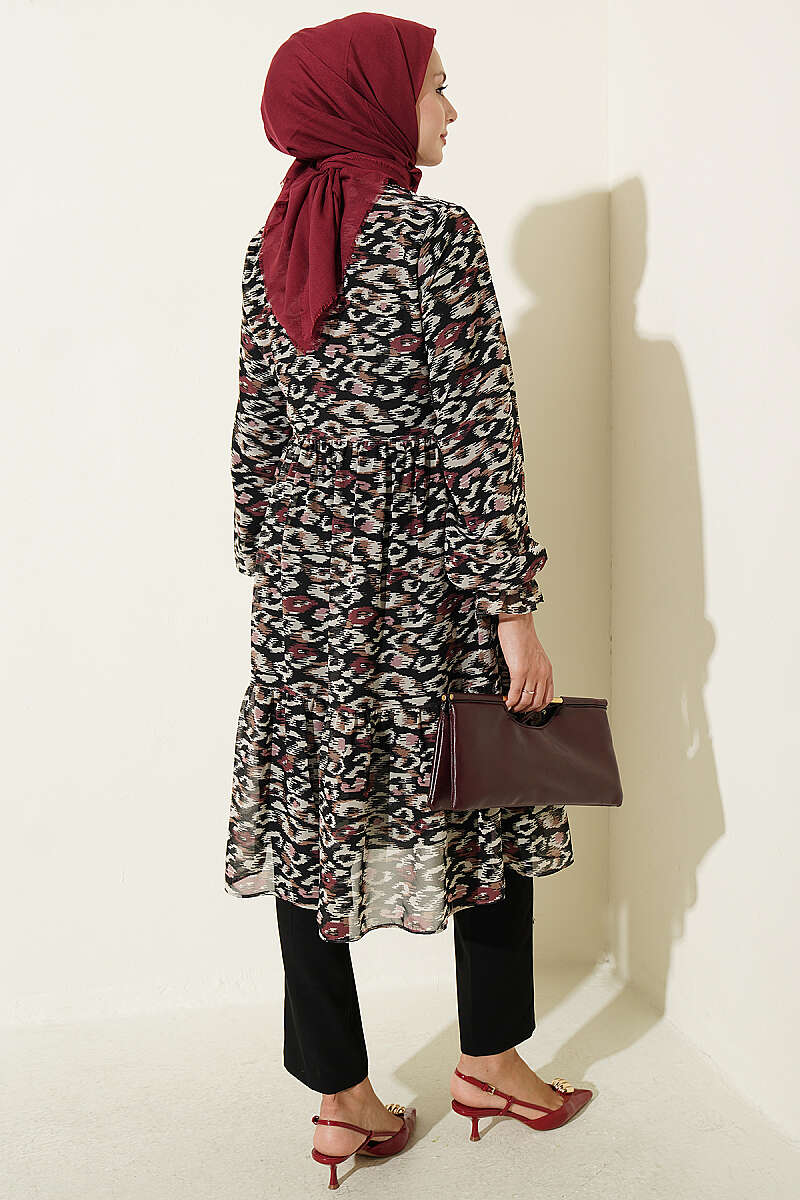 Ruffled Collar Detail Chiffon Tunic Burgundy - الصورة 3