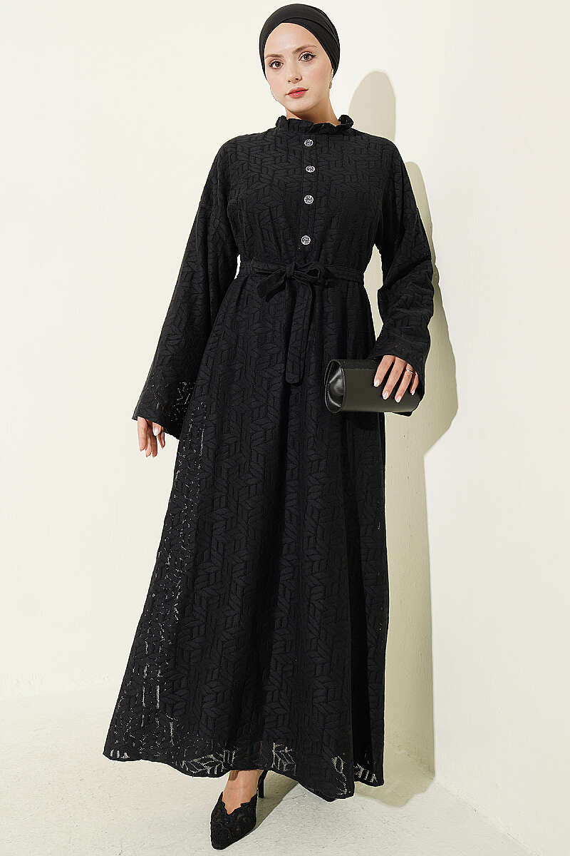Ruffled Collar Lace Dress Black