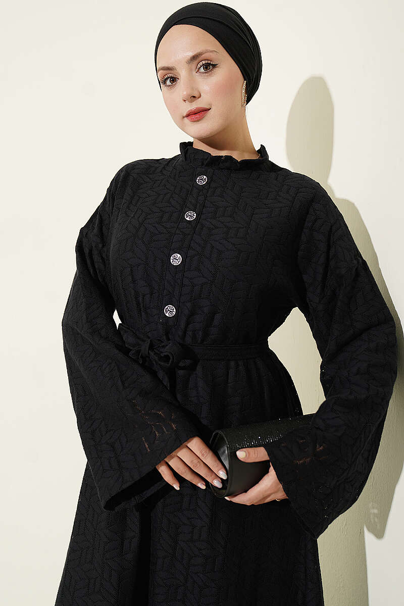 Ruffled Collar Lace Dress Black - immagine 2