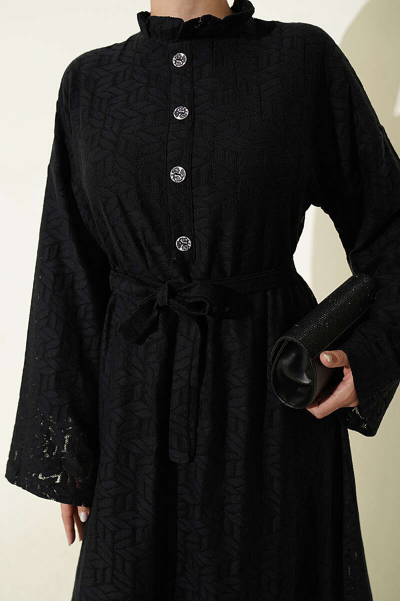 Ruffled Collar Lace Dress Black - immagine 4