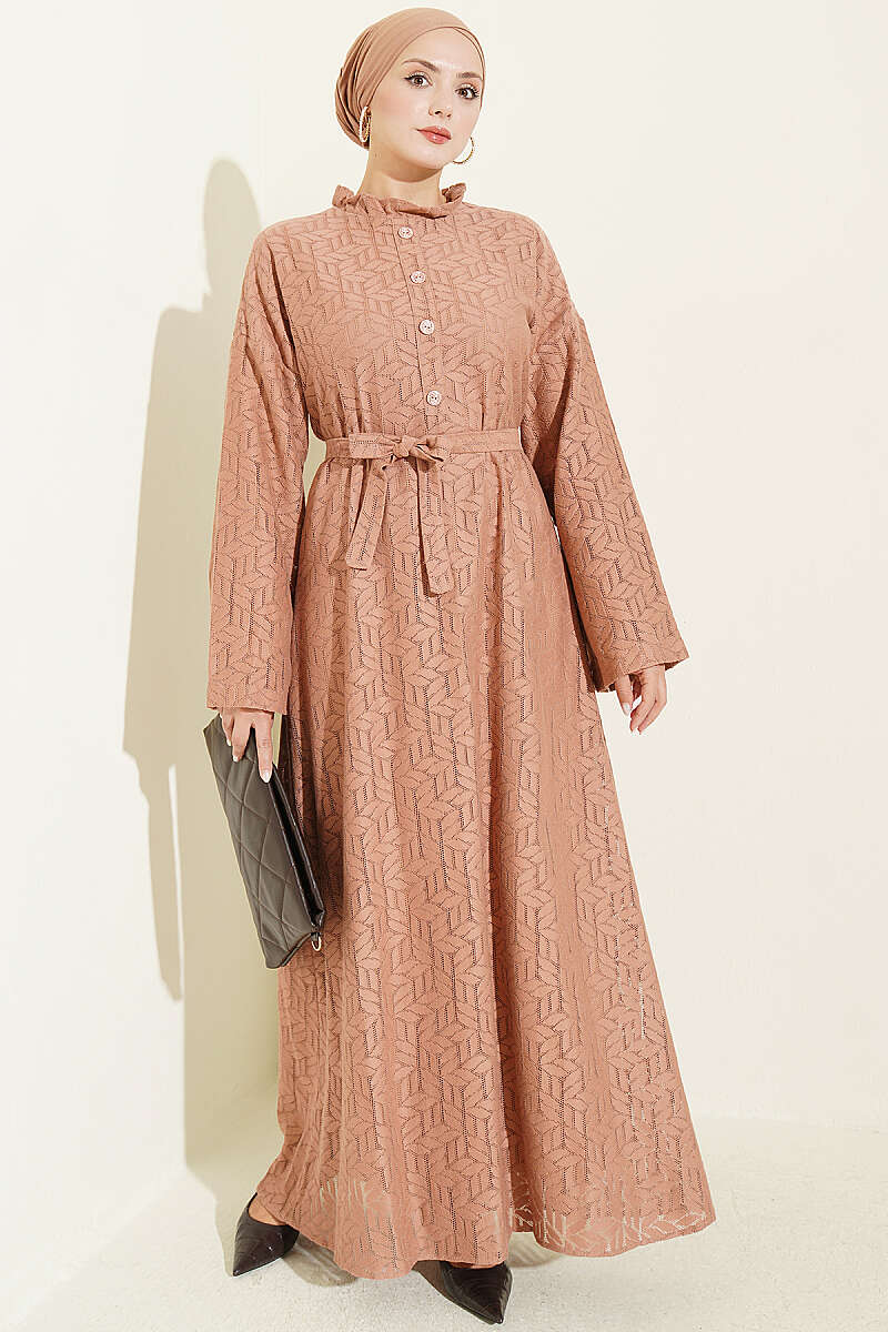 Ruffled Collar Lace Dress Tan