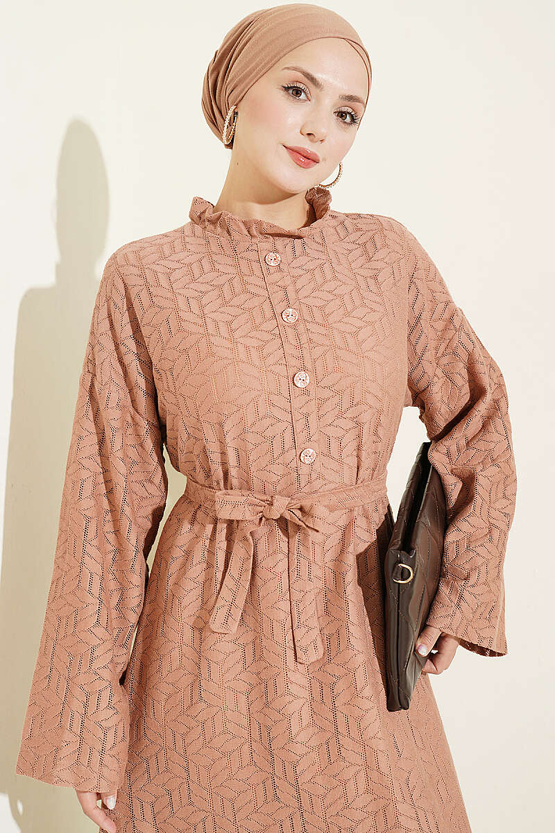 Ruffled Collar Lace Dress Tan - Image 2