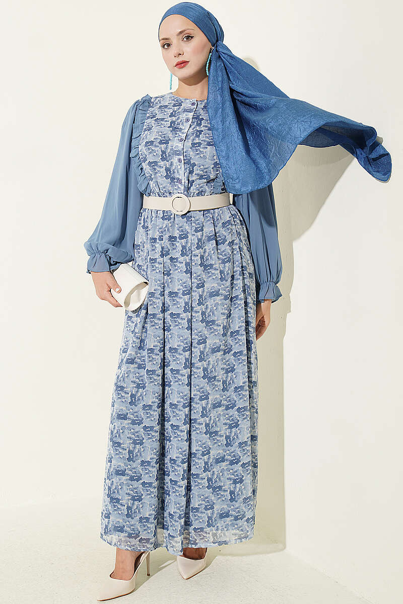 Ruffled Neck Printed Chiffon Dress Blue