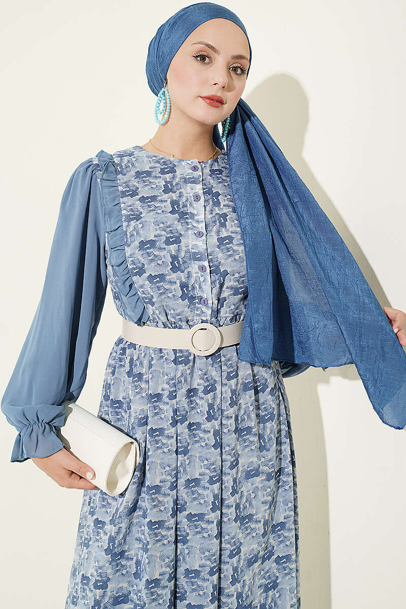 Ruffled Neck Printed Chiffon Dress Blue - immagine 2