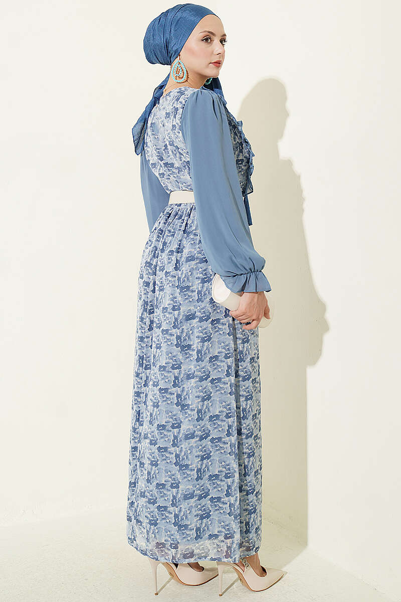 Ruffled Neck Printed Chiffon Dress Blue - immagine 3