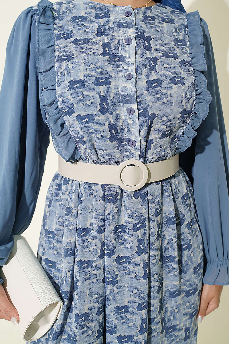 Ruffled Neck Printed Chiffon Dress Blue - immagine 4