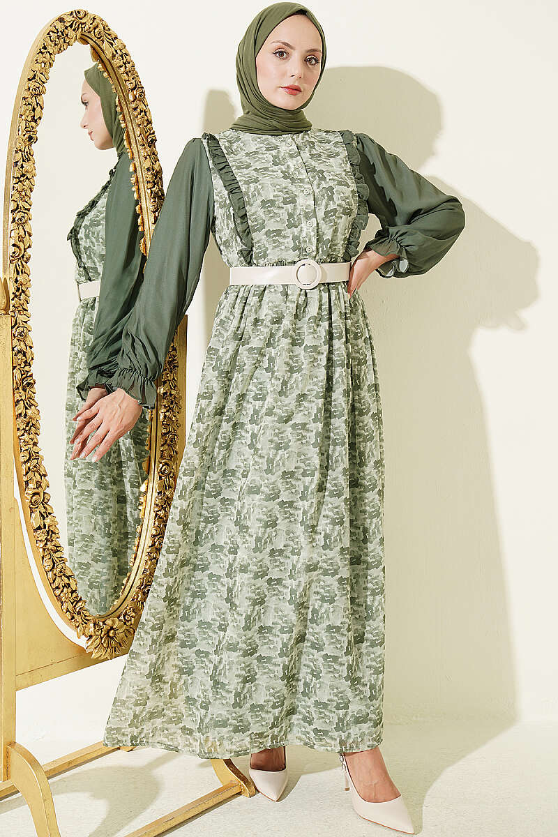 Ruffled Neck Printed Chiffon Dress Green